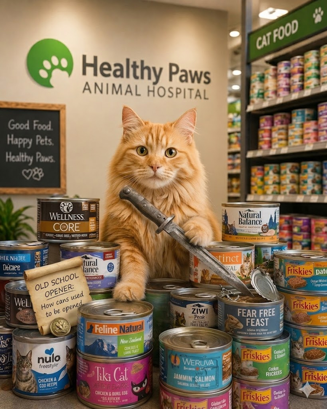 cat holding an old-fashioned can opener surrounded by various canned cat food cat holding an old-fashioned can opener surrounded by various canned cat food