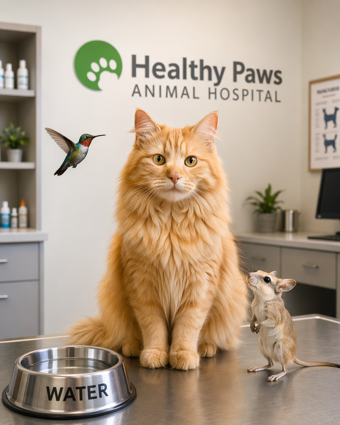 cat, hummingbird, and small rodent on a vet exam table cat, hummingbird, and small rodent on a vet exam table