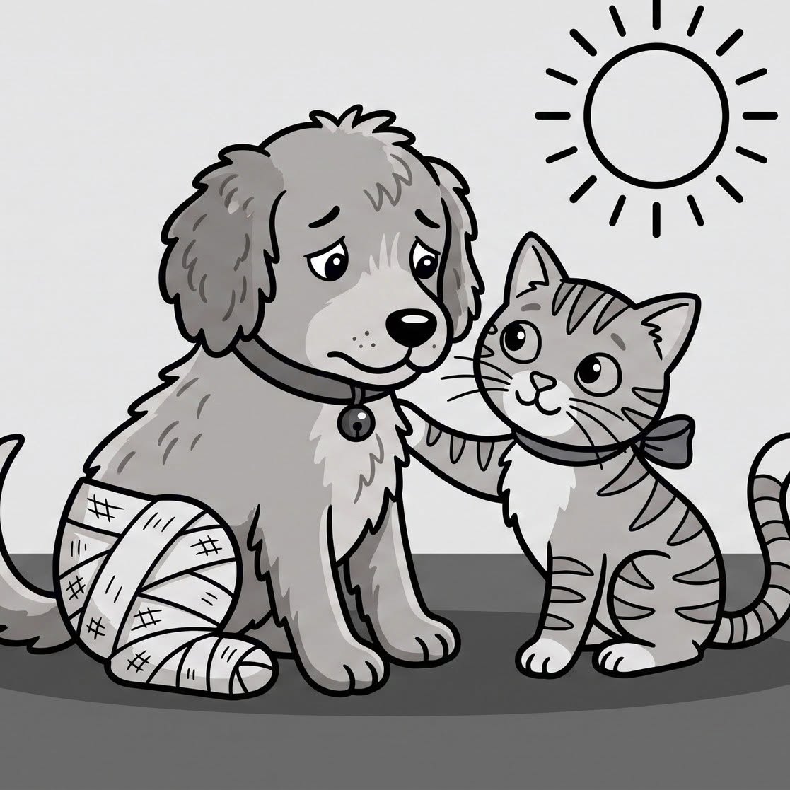 Line illustration of a dog with a bandaged hind leg sitting beside a cat on a sunny day.